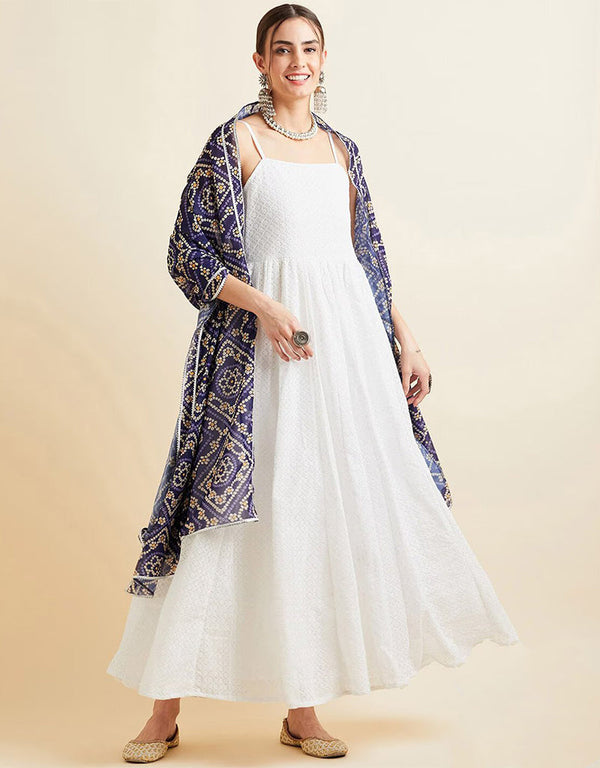 Chikankari A-Line Gown With Dupatta White Georgette Pant Gown Front View