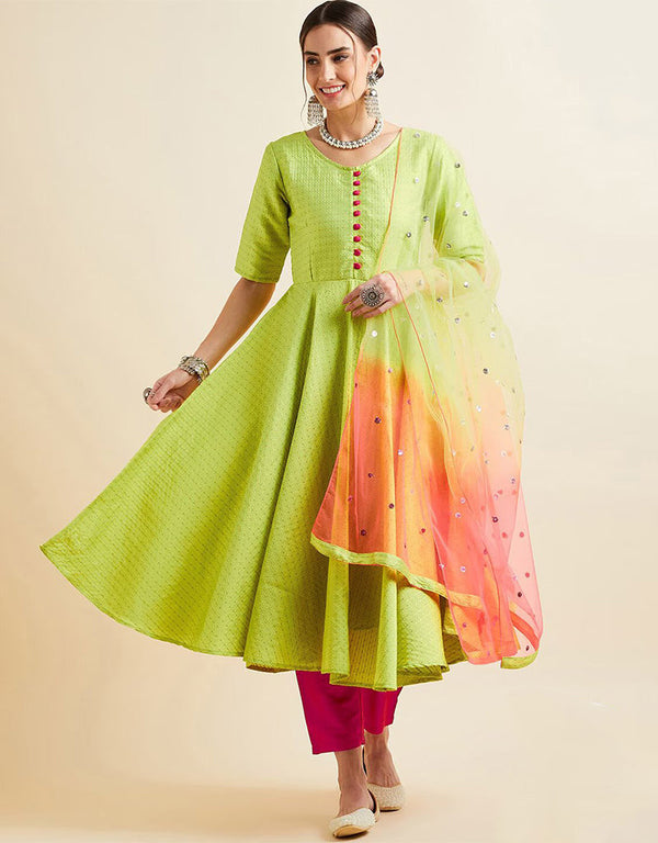 Short Anarkali Salwar Suit Pale Olive Green Poli Silk Pant Anarkali Front View
