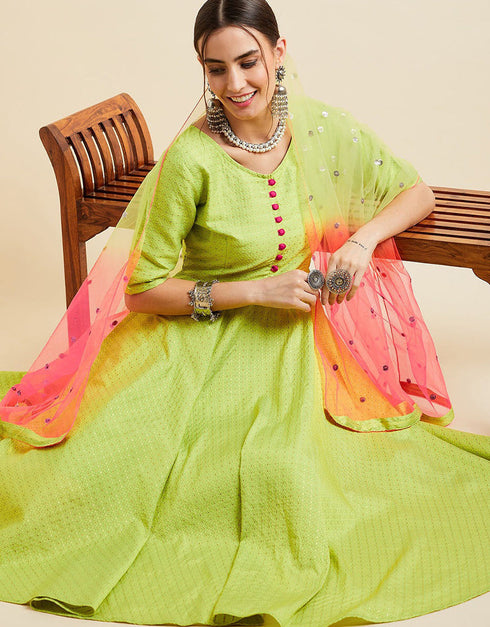 Short Anarkali Salwar Suit Pale Olive Green Poli Silk Pant Anarkali Back View