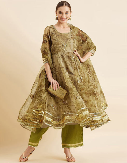 Floral Embroidery Anarkali Salwar Kameez Coffee Organza Pant Anarkali Front View