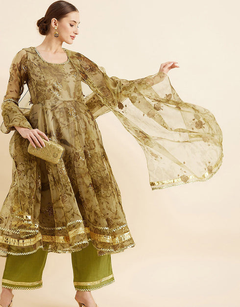 Floral Embroidery Anarkali Salwar Kameez Coffee Organza Pant Anarkali Back View