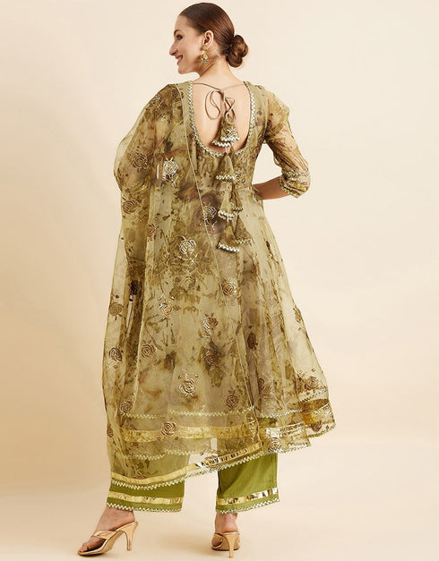 Floral Embroidery Anarkali Salwar Kameez Coffee Organza Pant Anarkali Side View