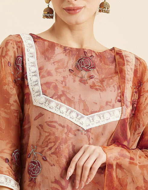 Trendy Style Readymade Suit Brownish Organza Pant Straight Close-up View