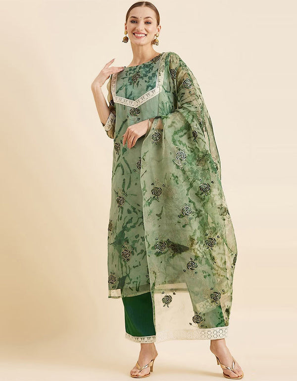 Trendy Style Readymade Suit Camouflage Green Organza Pant Straight Front View