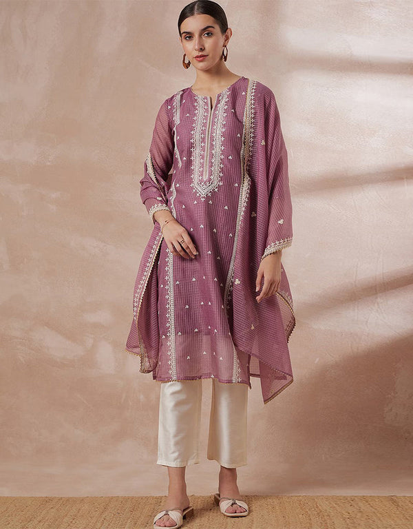 Pakistani Style Kurta Set With Dupatta Brownish Purple Poly Silk Pant Straight Front View