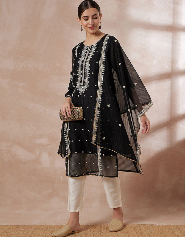 Pakistani Style Kurta Set With Dupatta Mirage Poly Silk Pant Straight Front View