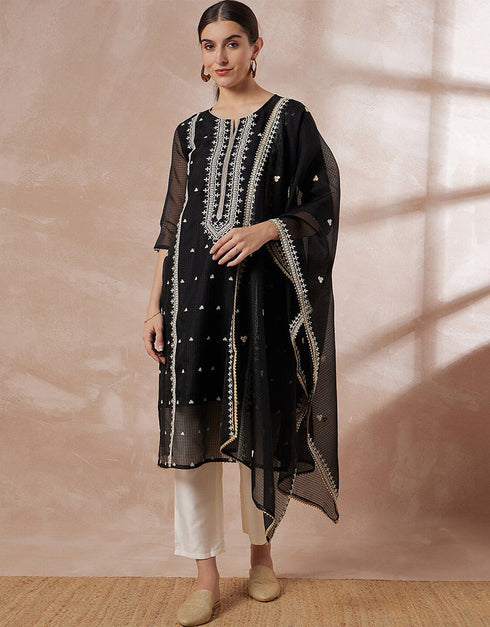 Pakistani Style Kurta Set With Dupatta Mirage Poly Silk Pant Straight Back View