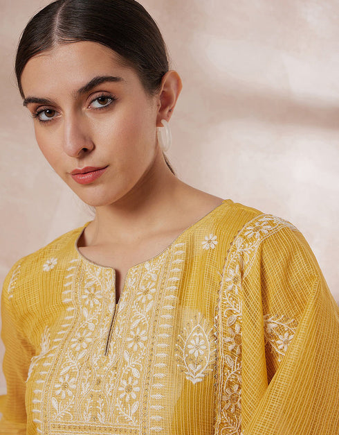 Pakistani Style Kurta Set With Dupatta Indian Yellow Poly Silk Pant Straight Close-up View