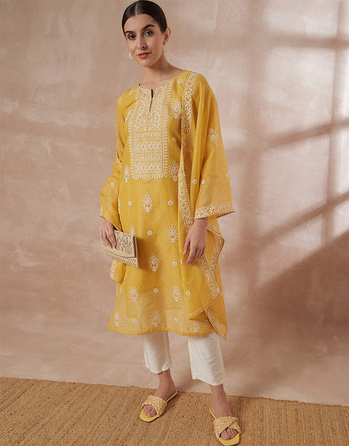 Pakistani Style Kurta Set With Dupatta Indian Yellow Poly Silk Pant Straight Front View