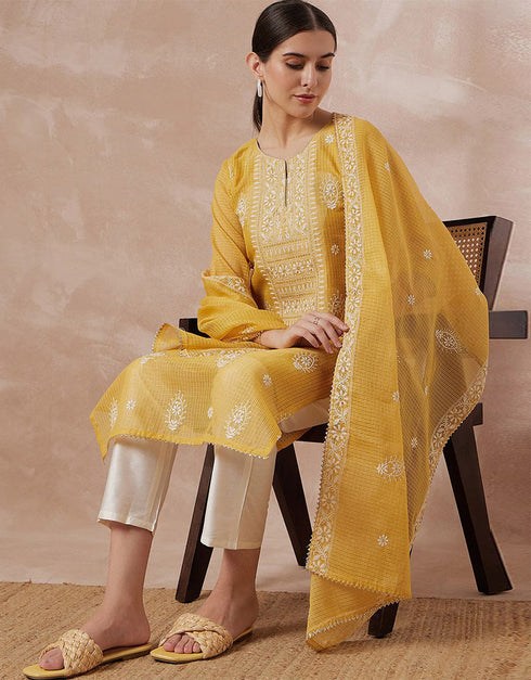 Pakistani Style Kurta Set With Dupatta Indian Yellow Poly Silk Pant Straight Back View