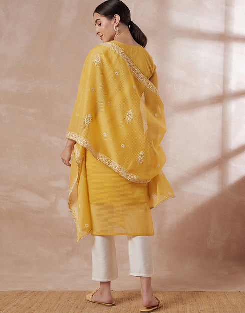 Pakistani Style Kurta Set With Dupatta Indian Yellow Poly Silk Pant Straight Side View