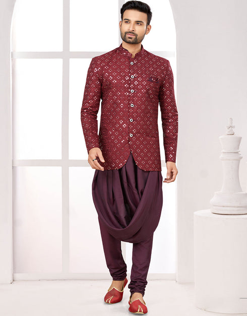Readymade Men's Ethnic Jackets Maroon Ethnic Jackets S-4001 Embroidery Pant Front View