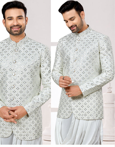 Readymade Men's Ethnic Jackets Off White Ethnic Jackets S-4001 Embroidery Pant Close-up View