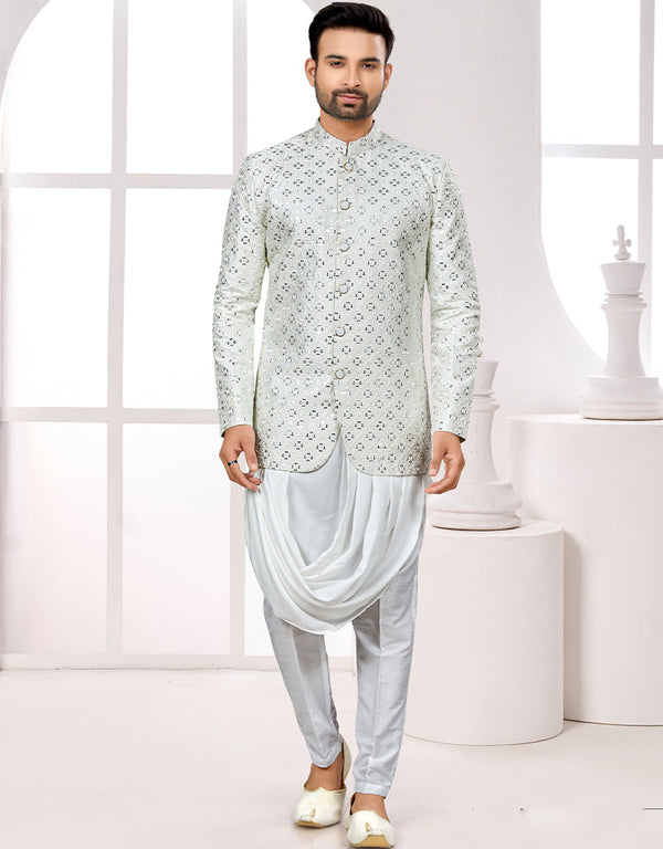 Readymade Men's Ethnic Jackets Off White Ethnic Jackets S-4001 Embroidery Pant Front View