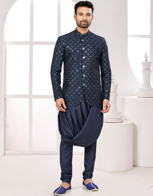 Readymade Men's Ethnic Jackets Navy Blue Ethnic Jackets S-4001 Embroidery Pant Front View