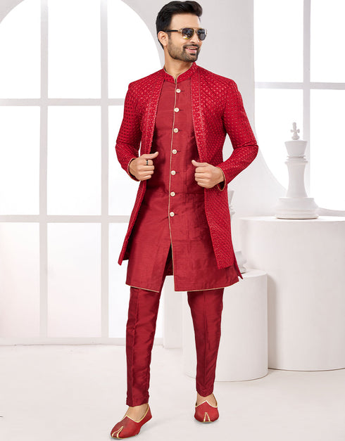 Readymade Men's traditional wear Maroon Kurta S-5001 Embroidery Pant Front View