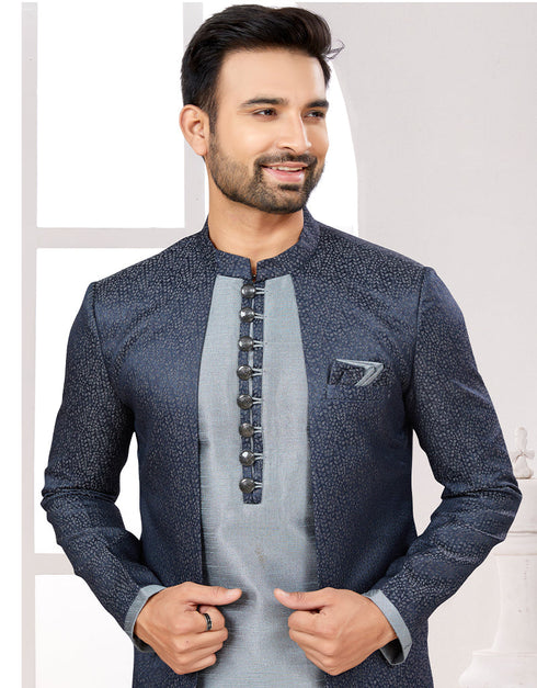 Readymade Men's traditional wear Navy Blue And Grey Kurta Galaxy Stin Jaq Pant Close-up View