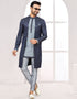 Readymade Men's traditional wear Navy Blue And Grey Kurta Galaxy Stin Jaq Pant Front View