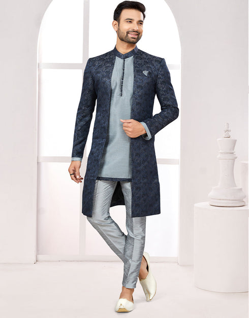 Readymade Men's traditional wear Navy Blue And Grey Kurta Galaxy Stin Jaq Pant Front View