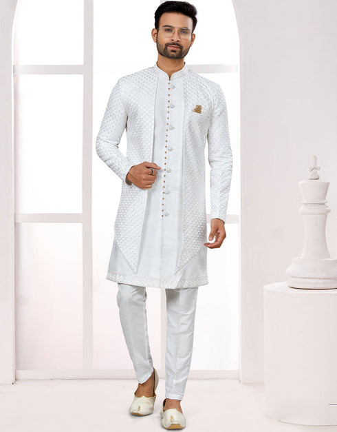 Readymade Men's traditional wear Off White Kurta S-6001 Embroidery Pant Front View