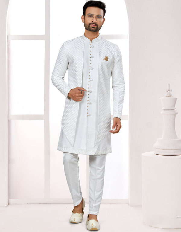 Readymade Men's traditional wear Off White Kurta S-6001 Embroidery Pant Front View
