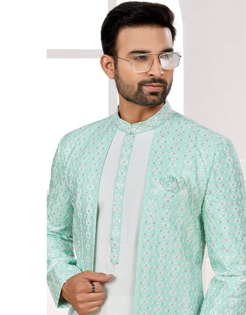 Readymade Men's traditional wear C. Green And Off White Kurta S-6001 Embroidery Pant Close-up View