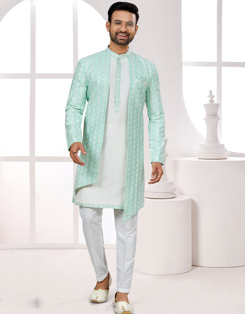 Readymade Men's traditional wear C. Green And Off White Kurta S-6001 Embroidery Pant Front View