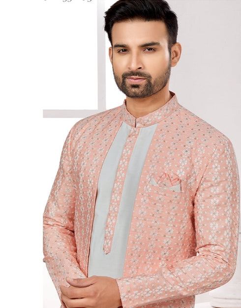 Readymade Men's traditional wear Peach And Off White Kurta S-6001 Embroidery Pant Close-up View