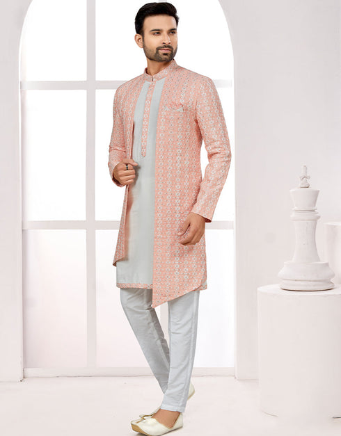 Readymade Men's traditional wear Peach And Off White Kurta S-6001 Embroidery Pant Front View