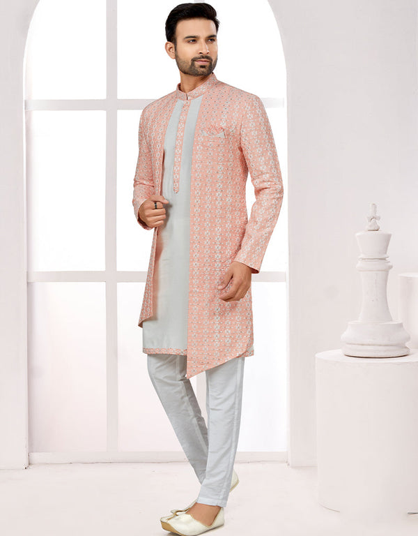 Readymade Men's traditional wear Peach And Off White Kurta S-6001 Embroidery Pant Front View