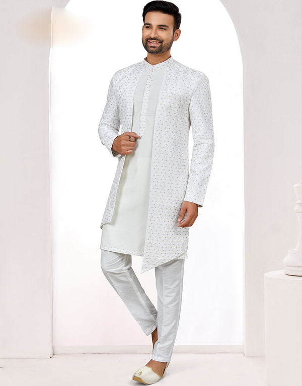 Readymade Men's traditional wear Off White Kurta S-6001 Embroidery Pant Front View