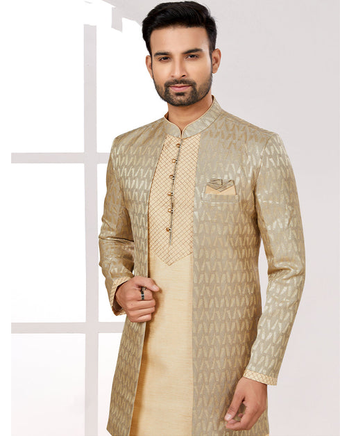 Readymade Men's traditional wear Chikoo And Gold Kurta Kasab Jari Pant Close-up View
