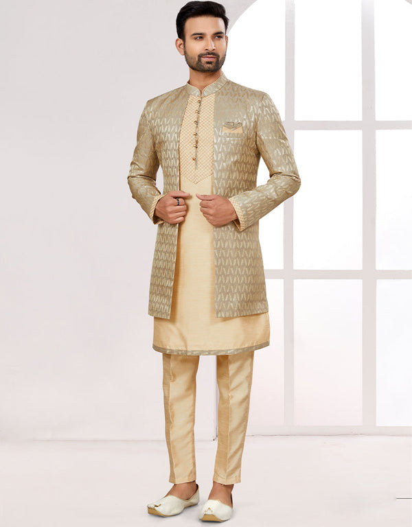 Readymade Men's traditional wear Chikoo And Gold Kurta Kasab Jari Pant Front View