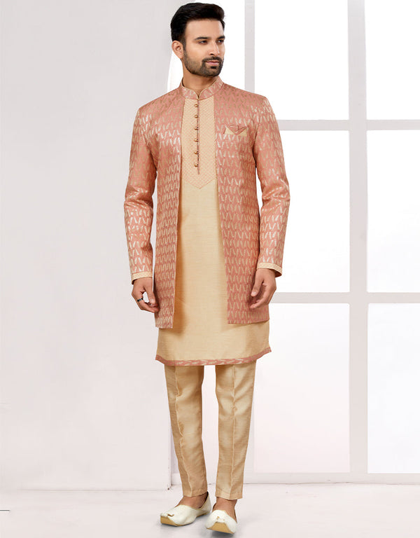 Readymade Men's traditional wear Orange And Gold Kurta Kasab Jari Pant Front View