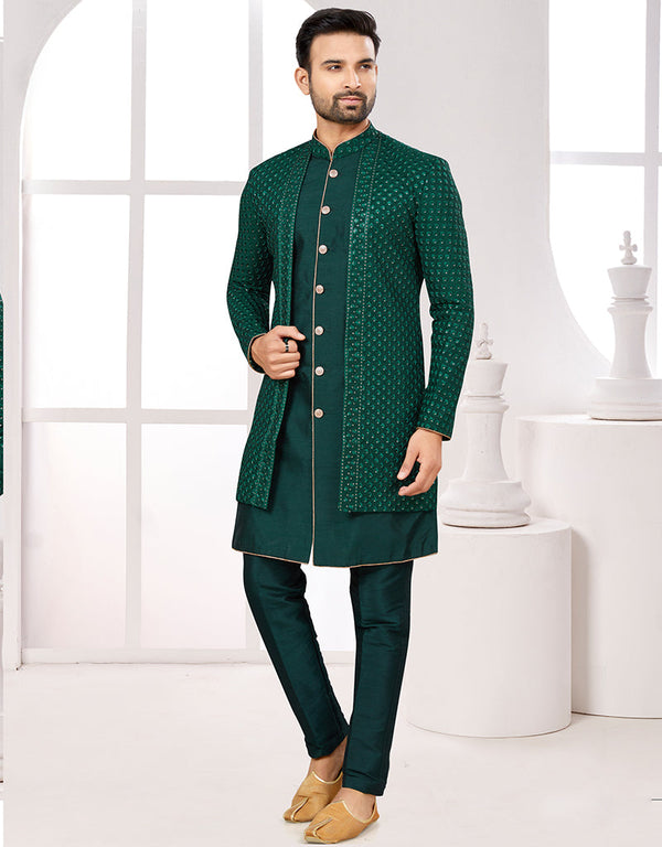 Readymade Men's traditional wear Bottle Green Kurta S-5001 Embroidery Pant Front View