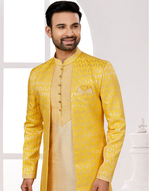 Readymade Men's traditional wear Yellow And Gold Kurta Kasab Jari Pant Close-up View