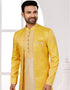 Readymade Men's traditional wear Yellow And Gold Kurta Kasab Jari Pant Close-up View