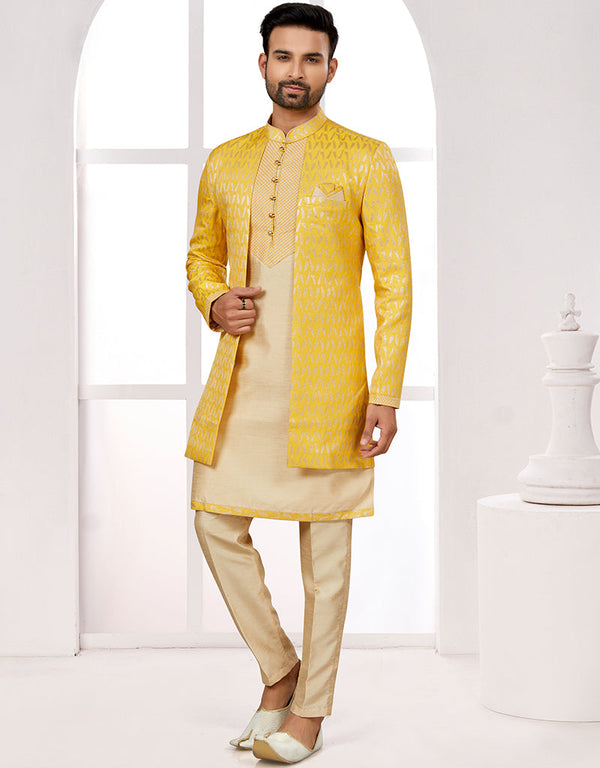 Readymade Men's traditional wear Yellow And Gold Kurta Kasab Jari Pant Front View