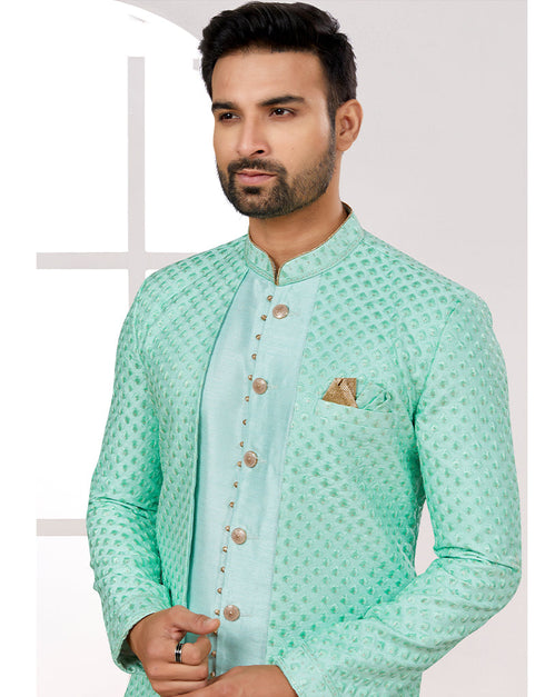 Readymade Men's traditional wear C. Green And Off White Kurta S-5001 Embroidery Pant Close-up View