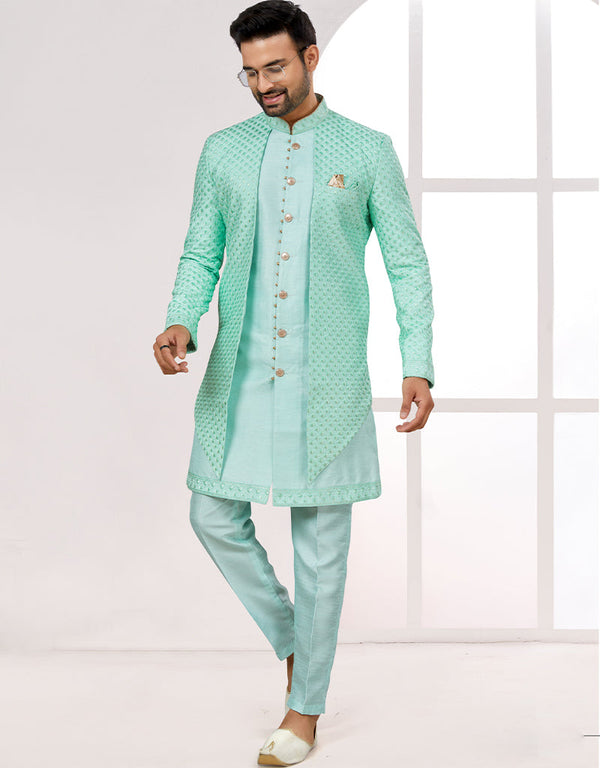 Readymade Men's traditional wear C. Green And Off White Kurta S-5001 Embroidery Pant Front View