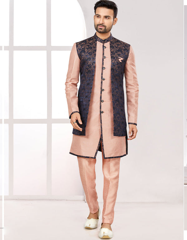 Readymade Men's traditional wear Navy Blue And Peach Kurta Galaxy Stin Jaq Pant Front View