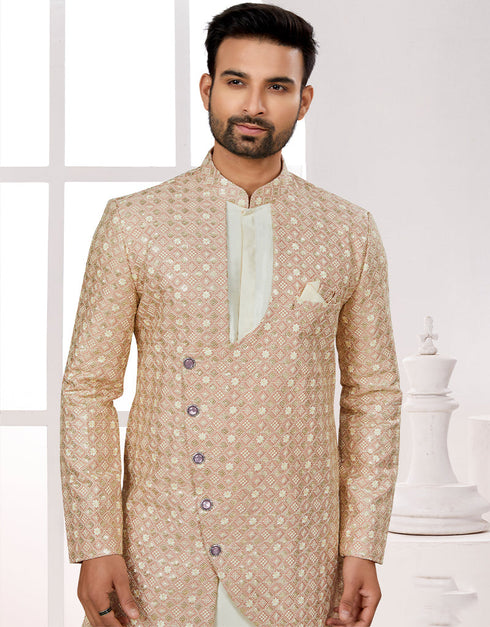 Readymade Men's traditional wear Brown And Cream Kurta S-4001 Embroidery Pant Close-up View