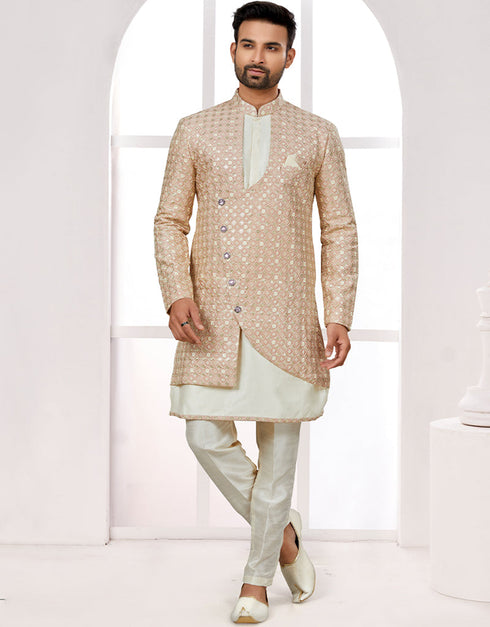 Readymade Men's traditional wear Brown And Cream Kurta S-4001 Embroidery Pant Front View