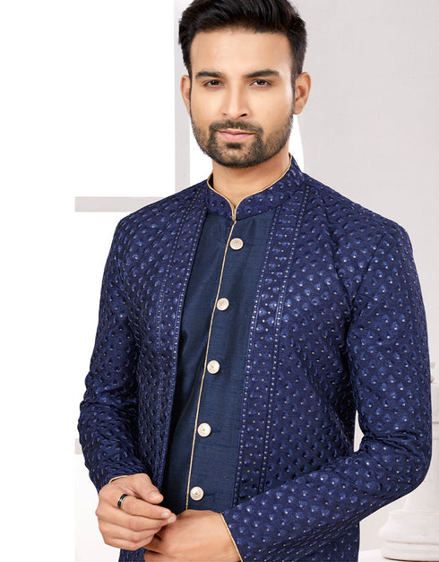 Readymade Men's traditional wear Navy Blue Kurta S-5001 Embroidery Pant Close-up View