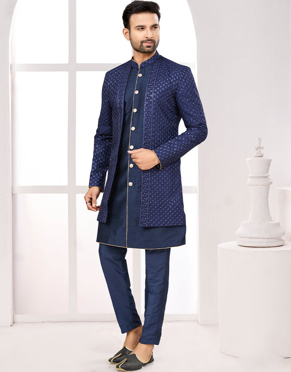 Readymade Men's traditional wear Navy Blue Kurta S-5001 Embroidery Pant Front View