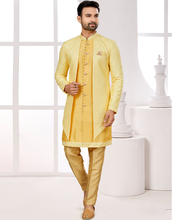 Readymade Men's traditional wear Yellow Kurta S-5001 Embroidery Pant Front View
