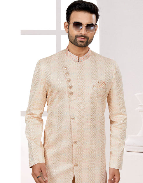 Readymade Men's traditional wear Cream Kurta S-6001 Embroidery Pant Close-up View