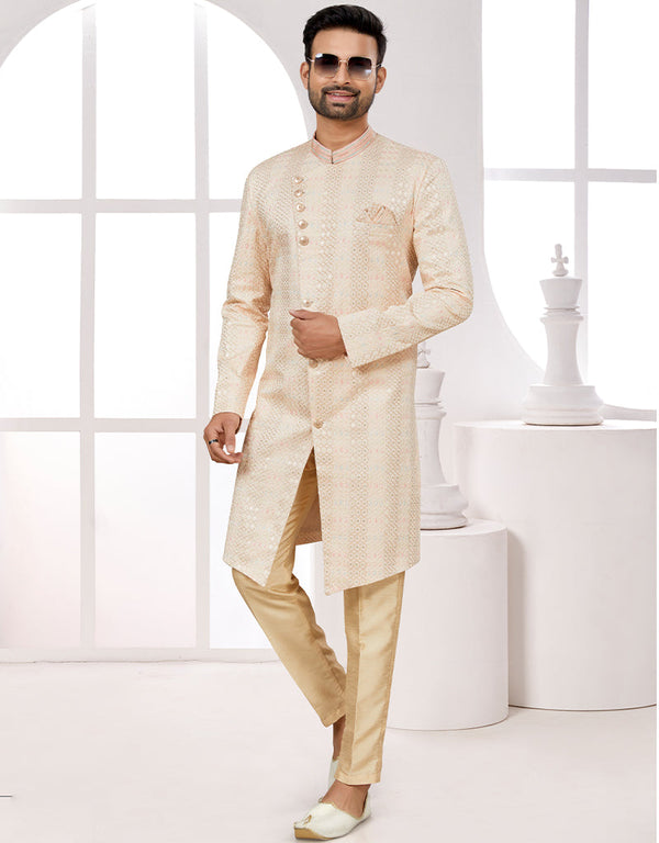 Readymade Men's traditional wear Cream Kurta S-6001 Embroidery Pant Front View