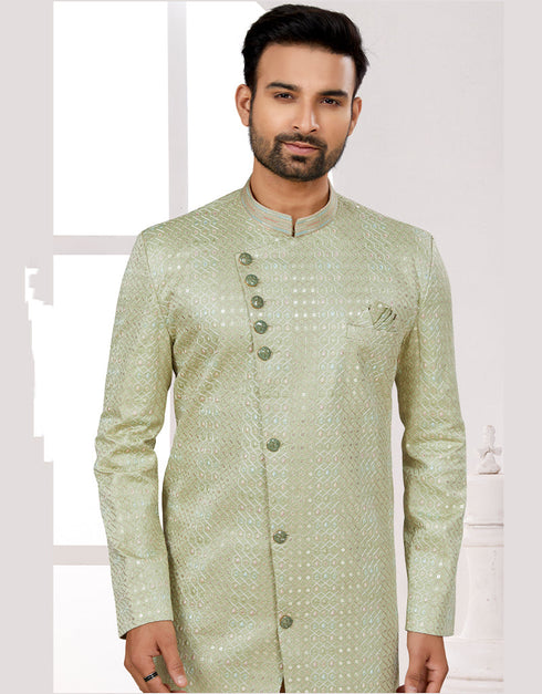 Readymade Men's traditional wear Green Kurta S-6001 Embroidery Pant Close-up View