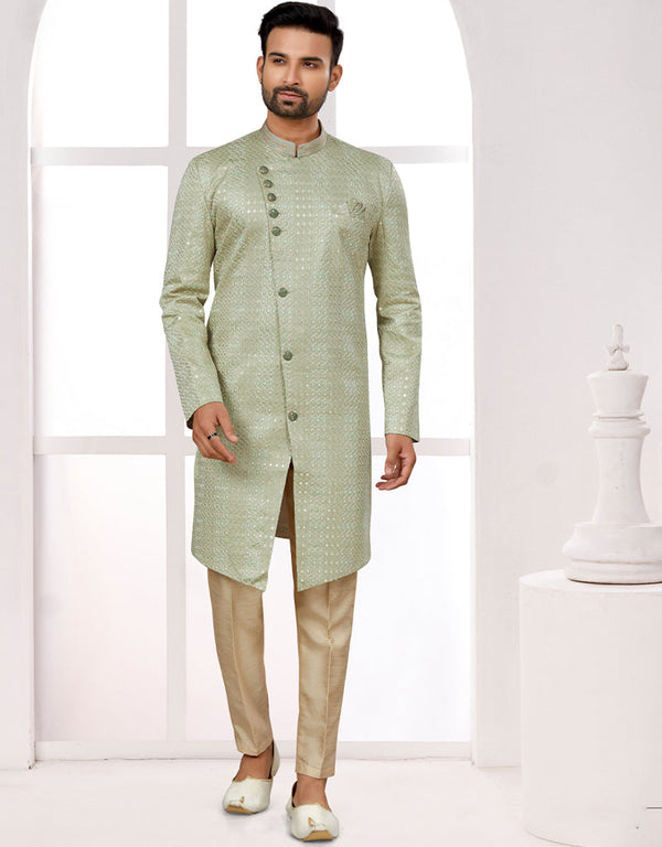 Readymade Men's traditional wear Green Kurta S-6001 Embroidery Pant Front View